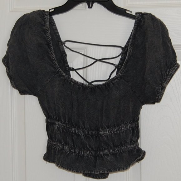 Rebellion Again, Size M, Rayon Crop Top, Strappy Back Off Shoulder, Gray - Picture 10 of 15